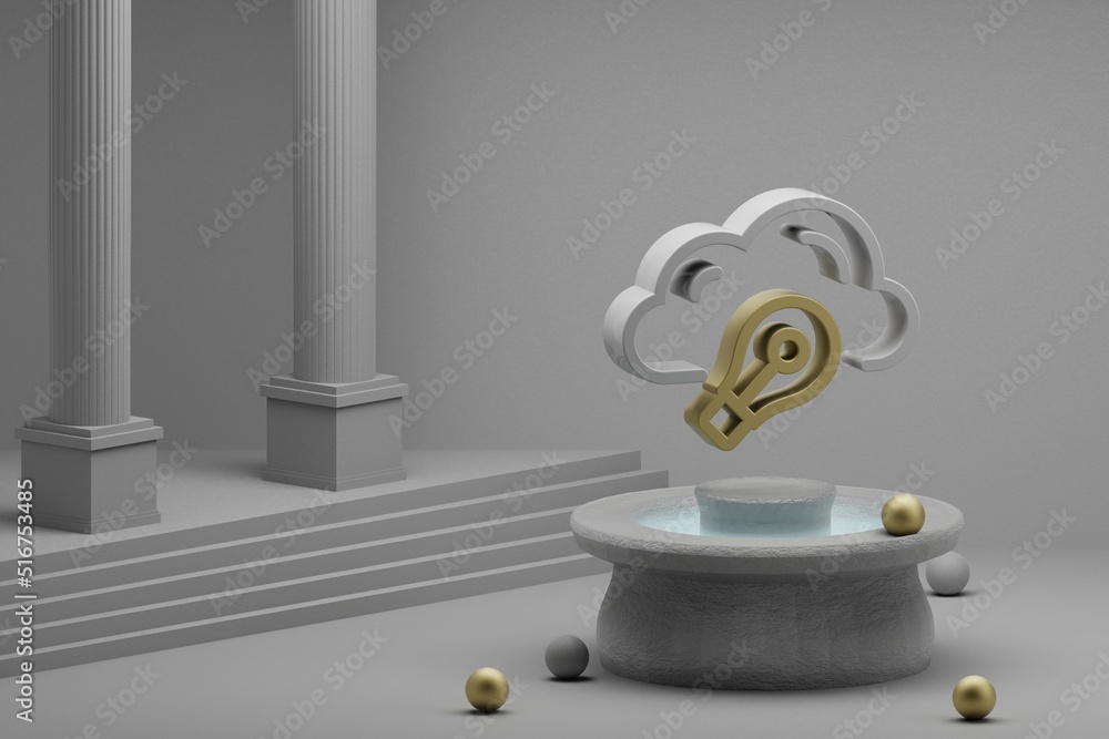 Leinwandbilder Beautiful abstract illustrations Cloud Idea Bulb symbol icon on a fountain and column background. 3d rendering illustration. Web Hosting.