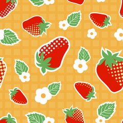 Pattern with strawberries on a waffle background and flowers with leaves
