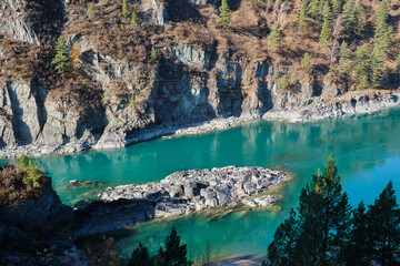 Turquoise river Katun in the mountains.
