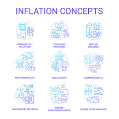 Inflation blue gradient concept icons set. Types and causes. Increasing prices. Purchasing power idea thin line color illustrations. Isolated symbols. Roboto-Medium, Myriad Pro-Bold fonts used