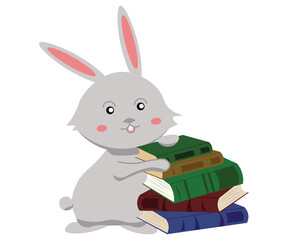 gray intelligent bunny who holds many books