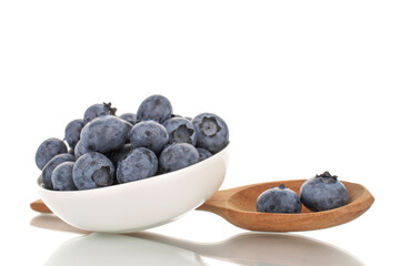 Several berries of ripe dark purple blueberries in a white ceramic bowl with a wooden spoon, close-up, isolated on white.