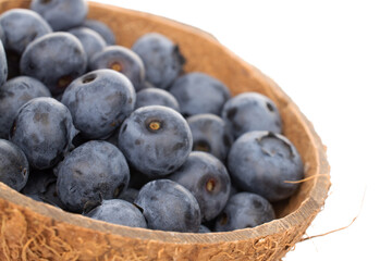 Several berries of ripe dark purple blueberries in a coconut shell, close-up, isolated on white.