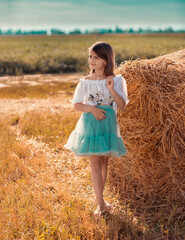 Naklejka na ściany i meble The girl is standing next to a roll, stack of hay. The girl is walking in the field, it is a hot summer. The girl is wearing a blue skirt.