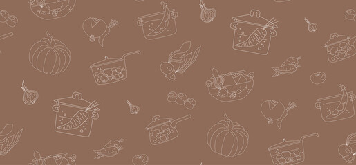 Seamless pattern of saucepans and vegetables for restaurants, kitchen interiors and chefs aprons