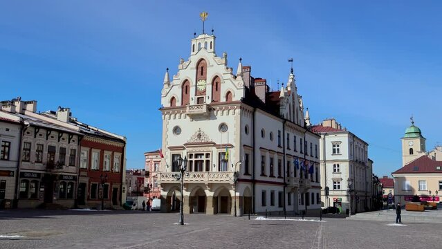 Exterior of Town Hall on Old Town Market Square of Rzeszow, Poland, 4k video