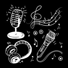 A set of hand-drawn musical elements in sketch style. Headphones, microphones, audio, violin key with notes. Vector simple illustration, isolated on black background.