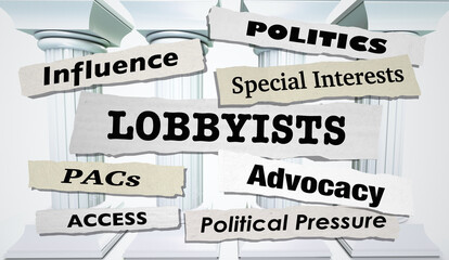 Lobbyists News Headlines Lobbying Advocates PACs Influence 3d Illustration - obrazy, fototapety, plakaty