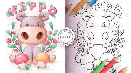 Hippo with mushroom coloring book