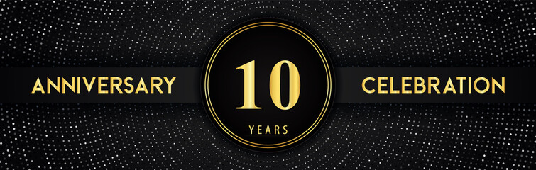 10 years anniversary celebration with circle frame and dotted line isolated on black background. Premium design for birthday party, graduation, weddings, ceremony, greetings card, anniversary logo.