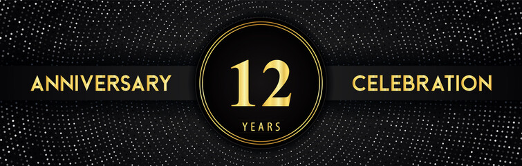 12 years anniversary celebration with circle frame and dotted line isolated on black background. Premium design for birthday party, graduation, weddings, ceremony, greetings card, anniversary logo.