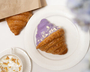 croissant, coffee, breakfast, plate, lavender color, food