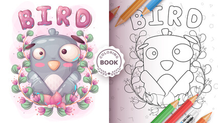 Cartoon adorable character animal bird dove - coloring page.
