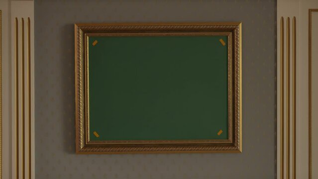 Frame on the wall. Zoom out. Art. Painting. Green screen frame