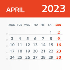 April 2023 Calendar Leaf - Vector Illustration. Week starts on Monday