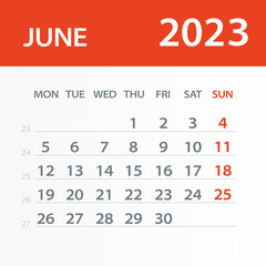 June 2023 Calendar Leaf - Vector Illustration. Week starts on Monday