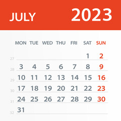 July 2023 Calendar Leaf - Vector Illustration. Week starts on Monday