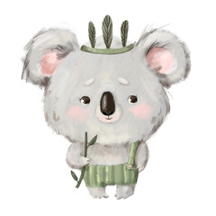 Cute little hand drawn watercolor koala chinese oriental animal with a bamboo branch stick wearing clothes clipart fabric apparel illustration on white background. © Alina Nikitaeva