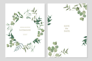 Set of floral card with eucalyptus and herbal branches. Greenery frame.  For wedding, birthday, party, save the date. Vector illustration. Watercolor style - 516758413