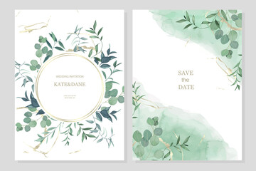 Set of floral card with gold elements, eucalyptus and herbal branches. Greenery frame.  For wedding, birthday, party, save the date. Vector illustration. Watercolor style