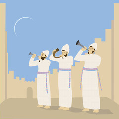 A painting of three Jewish priests in the Temple in Jerusalem blowing the shofar and silver trumpets. On Rosh Hashanah. In the background the walls of the old city and the moon.
Colorful vector