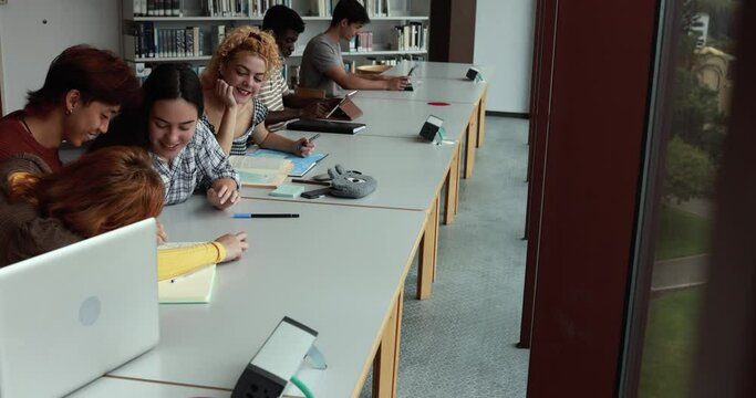 Multiracial young students learing together inside school library