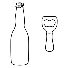 The beer bottle is closed with a metal cap. Bottle opener. Sketch. Set of vector illustrations. Glass container with a drink and a bottle opener. Outline on isolated background. Doodle style. 