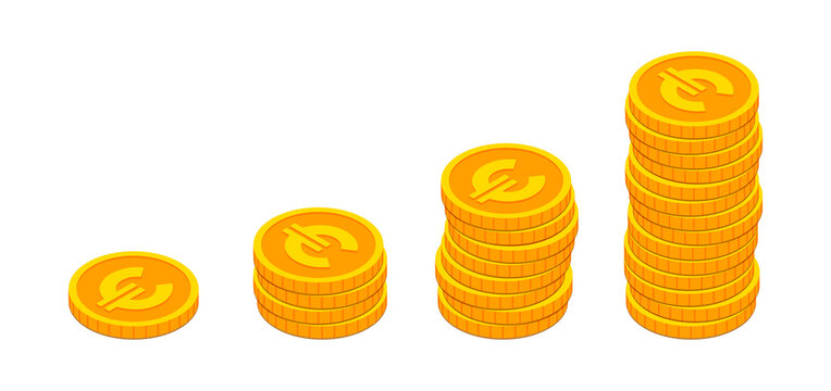 Isometric gold euro coins stacks like income graph. 3d Euro Cash, banking, casino, business, financial, euro growing money concept on white background for web, apps, design. Vector illustration