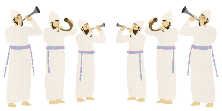 Six Jewish priests dressed in traditional clothing. Standing and blowing the shofar from a ram's horn and silver trumpets.
Colorful vector drawing on a white background.
Isolated characters.