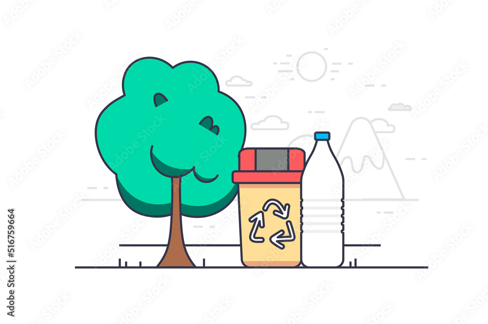 Poster waste recycling concept in flat outline design. collecting and separating garbage, protecting enviro