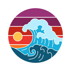 Waves on a sunset retro badge. Vector illustration