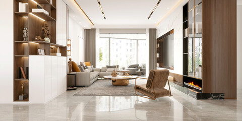3d render of luxury house living room, dining room