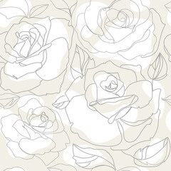 Obraz premium Rose flowers seamless pattern in Line art on neutral pastel background, vector illustration. Elegant style. Natural background.Botanical pattern for print design. Trendy floral design.