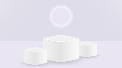 Abstract white and gray stand or podium with glowing neon ring. 3D round corner cube pedestal with with circle lamp. Vector illustration
