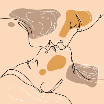 Abstract man and woman kissing, one line vector drawing. Young couple kissing illustration in neutral pastel colors. Portrait minimalistic style.Modern continuous line art. fashion print.