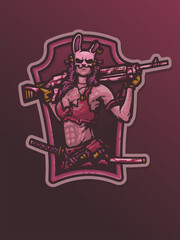 Fototapeta na wymiar Beautiful Rabbit Mask Warrior with Gun and Katana Sword Squad Esport Vector Mascot Logo Illustration