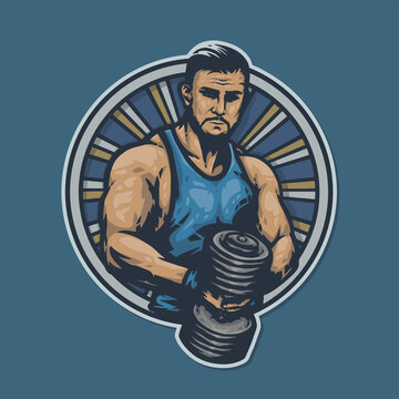 Bodybuilder Muscular Athlete Posing with Dumbbells Gym Fitness Mascot Vector Logo Illustration