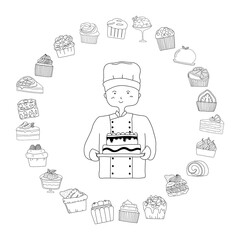 Hand drawn cute bakery chef with dessert and cake in doodle art style on white background