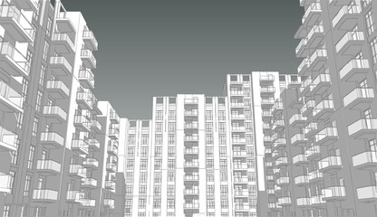 3d illustration of a crowded residential complex. Homes with balconies in high-rise buildings.  Mass housing perspective from inner courtyard. Grey colored image with dark sky background.