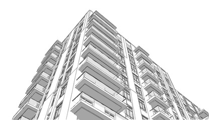 Partial 3d illustration of a residential tower. Housing units with balconies in high-rise building. Close up perspective from the corner. Image in black and white with shadows. 
