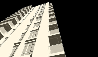 Partial 3d illustration of a residential tower. Housing units with balconies in high-rise building. Close up perspective from the corner. Facade perspective looking up.  Monochrome image with black ba