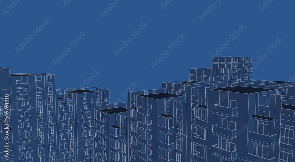 Poster 3d illustration of a crowded residential complex in a city. homes with balconies in high-rise blocks