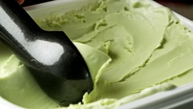 Flavored pistachio ice cream scooping out of container by spoon. Top view of surface of green ice cream. Delicious dessert. Close-up