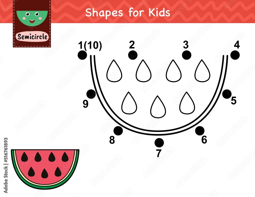 Sticker dot to dot game for kids. connect the dots and draw a watermelon slice. learning semicircle shape ac