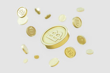 Realistic Gold coins explosion isolated on gray background, 3D Rendering illustration