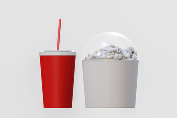 Plastic glass red soft drink and popcorn 3d render , 3D Rendering illustration