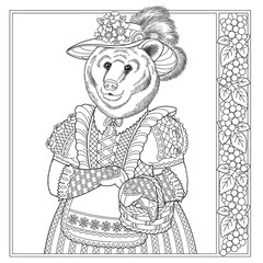 Bear animal portrait. Fairytale design, coloring book page for adults and kids