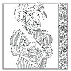 Goat animal portrait. Fairytale design, coloring book page for adults and kids