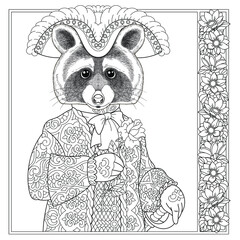 Raccoon animal portrait. Fairytale design, coloring book page for adults and kids