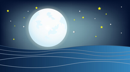 Night sea landscape against the background of the full bright moon and the starry sky, small waves on the sea, excitement